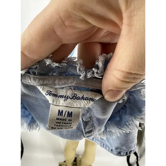 Tommy Bahama Medium Women Chambray Ruffle V Neck Sleeveless Frayed Hem Dress F33 - Picture 5 of 10